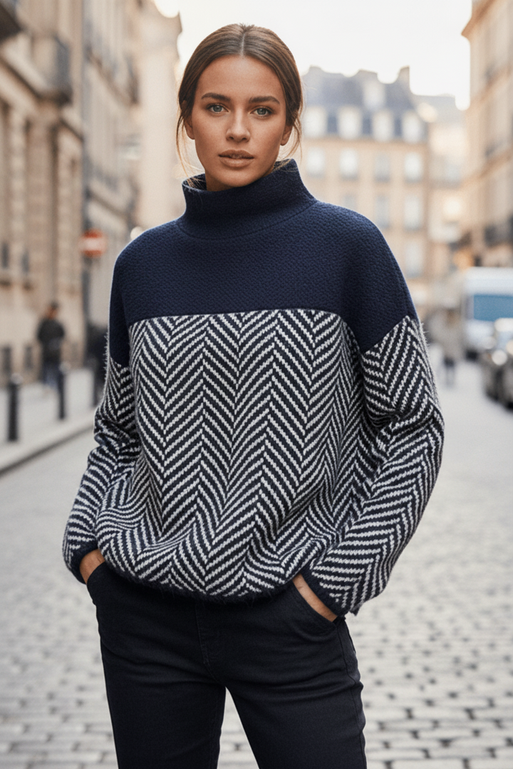 Women's Mackenzie stand-up collar knit sweater. Cozy, elegant fall fashion with a relaxed fit.