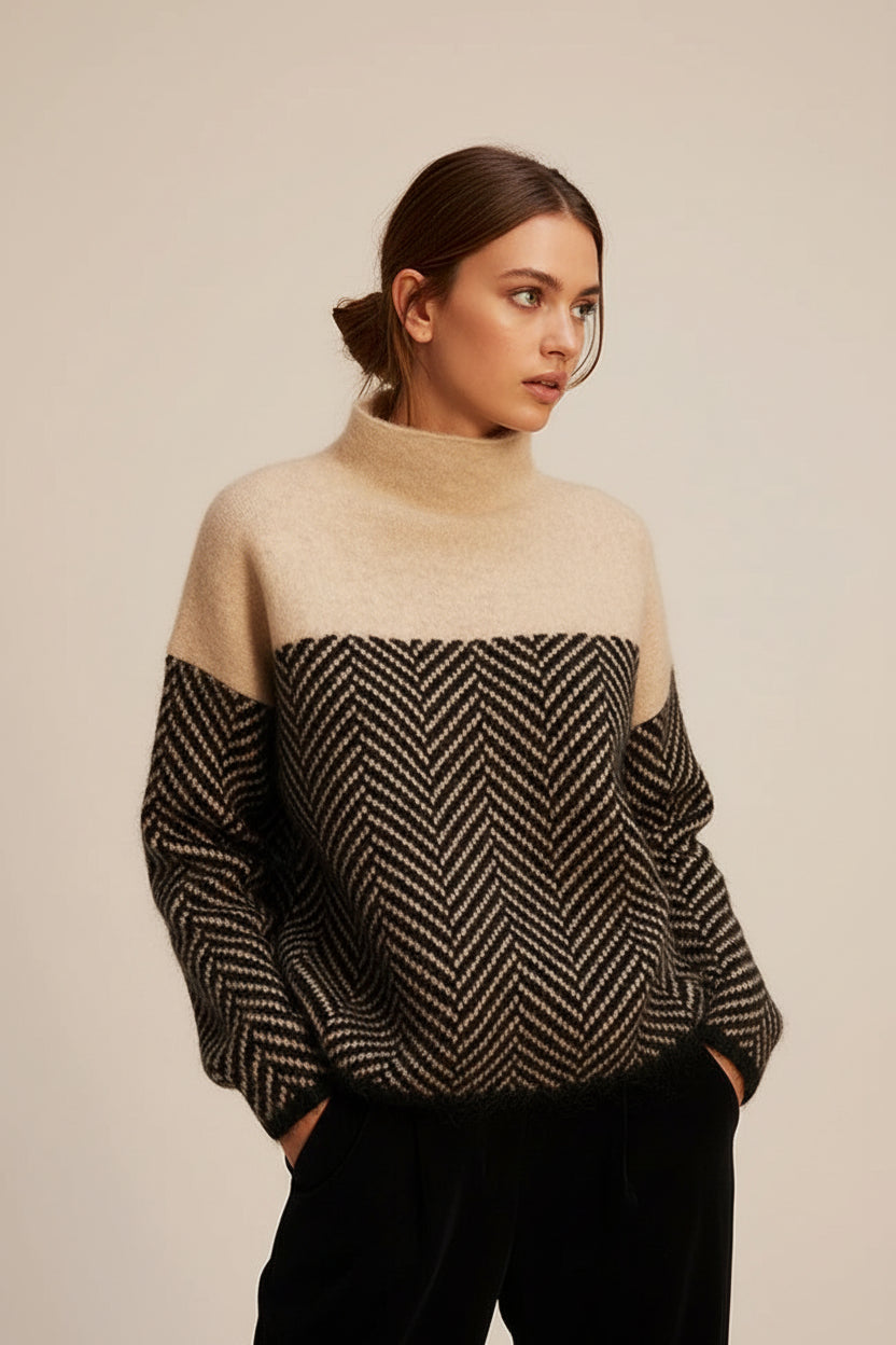 Cozy women's stand-up collar knit sweater. Effortless fall fashion, a relaxed fit long sleeve jumper for comfort.