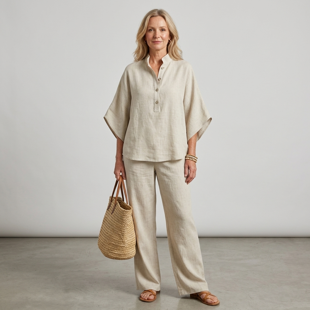 Summer-ready women's two-piece set: a chic kimono top with Mandarin collar & breezy wide-leg pants.