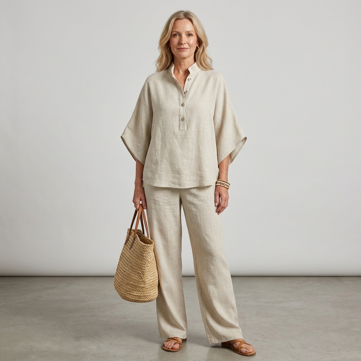 Summer-ready women's two-piece set: a chic kimono top with Mandarin collar & breezy wide-leg pants.