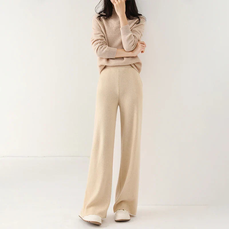Detail of the wide-leg hem on women's merino wool lounge pants, showcasing the relaxed fit