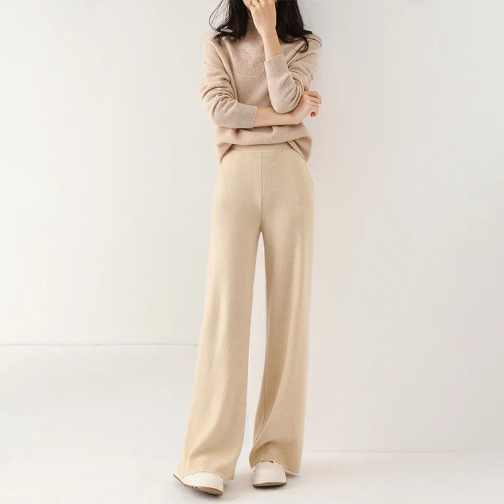 Detail of the wide-leg hem on women's merino wool lounge pants, showcasing the relaxed fit