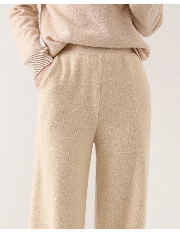 Full length view of women's merino wool wide-leg lounge pants, ideal for comfortable daily wear