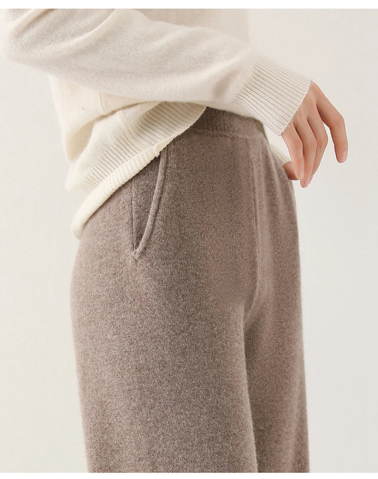 Women's knitted merino wool wide-leg lounge pants, offering warmth and breathability for loungewear