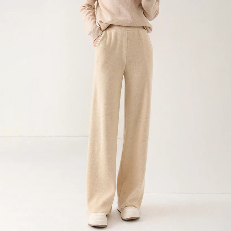 High-waist women's merino wool wide-leg lounge pants, showcasing the relaxed fit and soft texture