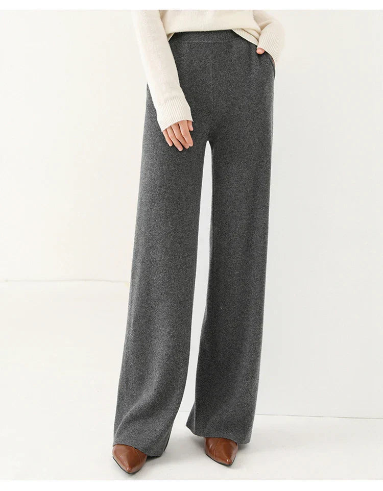 Cozy women's wide-leg lounge pants made from soft merino wool, perfect for relaxing