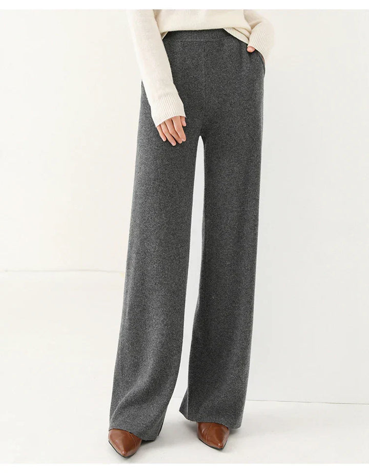 Cozy women's wide-leg lounge pants made from soft merino wool, perfect for relaxing