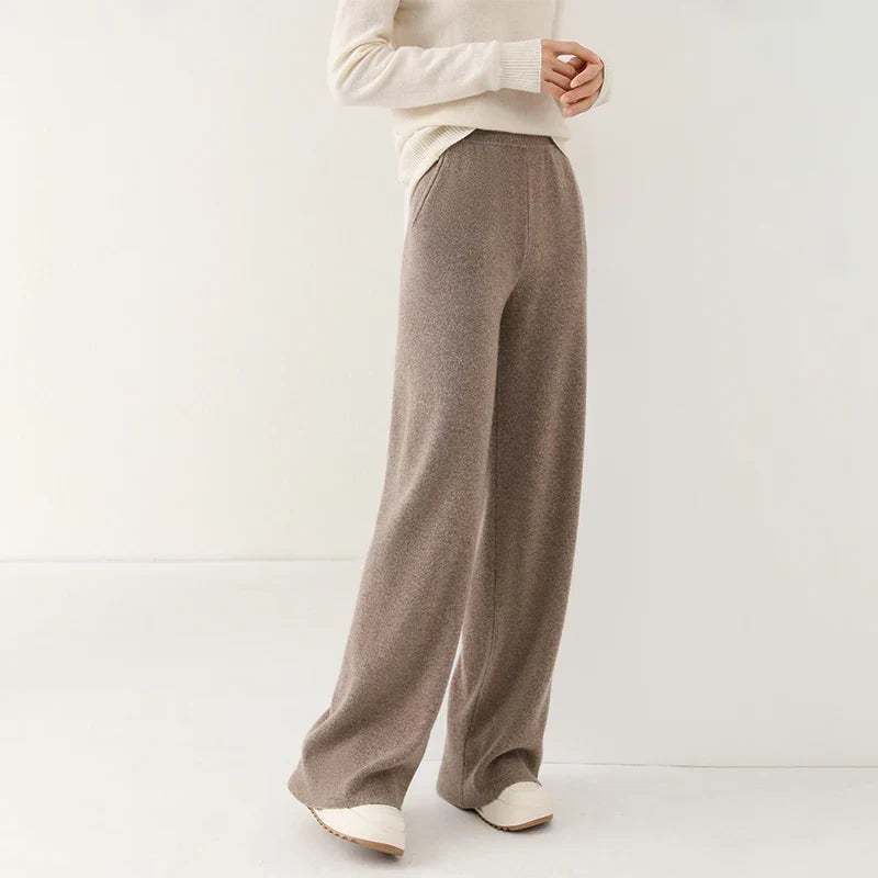 Close-up of women's merino wool wide-leg lounge pants, highlighting the luxurious knitted fabric