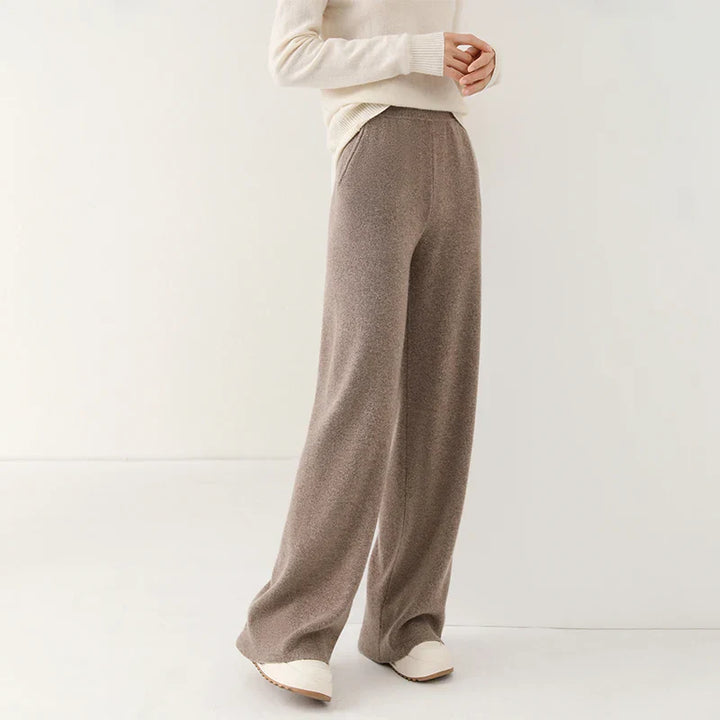 Close-up of women's merino wool wide-leg lounge pants, highlighting the luxurious knitted fabric