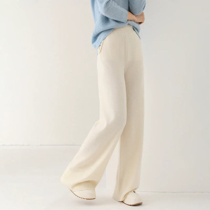 Knitted women's merino wool wide-leg lounge pants, showing the natural drape and soft feel