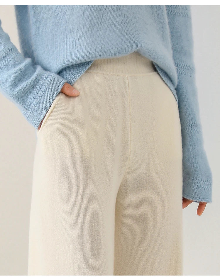 High-waist women's loungewear, merino wool wide-leg soft pants in a versatile neutral color