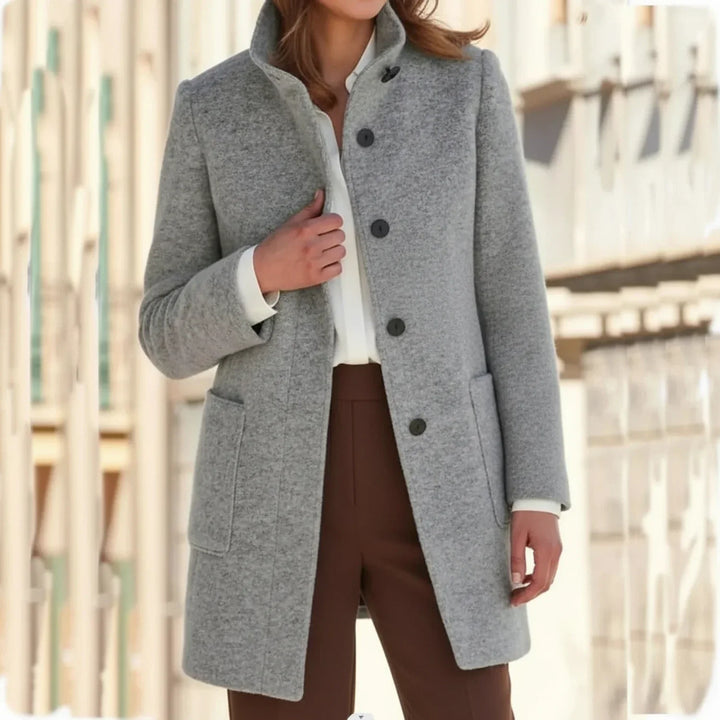 Women's mid-length fall winter coat, warm & stylish. Classic button-front outerwear, perfect for cold weather.