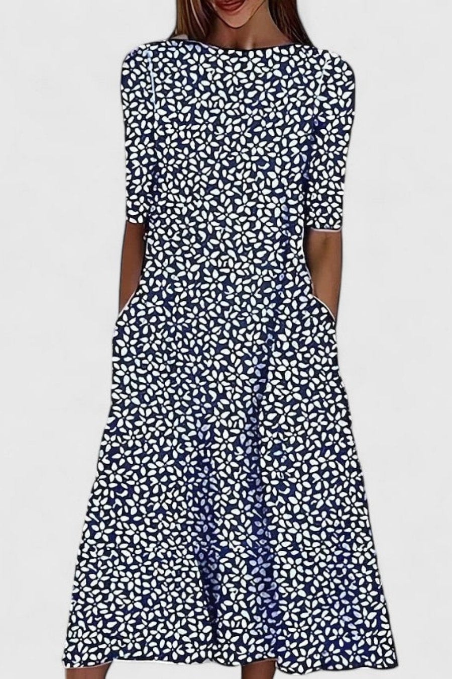 Comfortable women's A-line midi dress with short sleeves, round neck, and convenient pockets, perfect for daily wear.