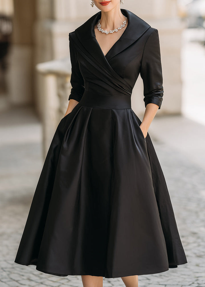 Women's midi dress with elegant draped collar and functional pockets, perfect for special occasions.