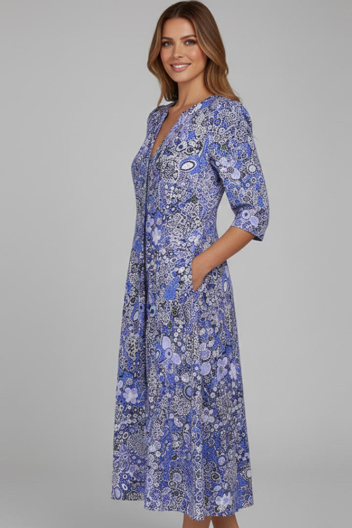 Versatile women's V-neck midi dress with three-quarter sleeves, ideal for casual or semi-formal occasions.