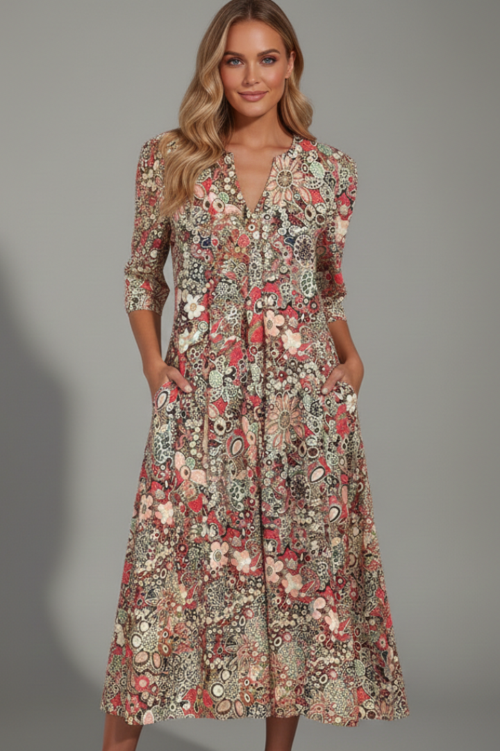 Chic women's midi dress, showcasing a V-neck and three-quarter sleeves for an elegant yet comfortable look.
