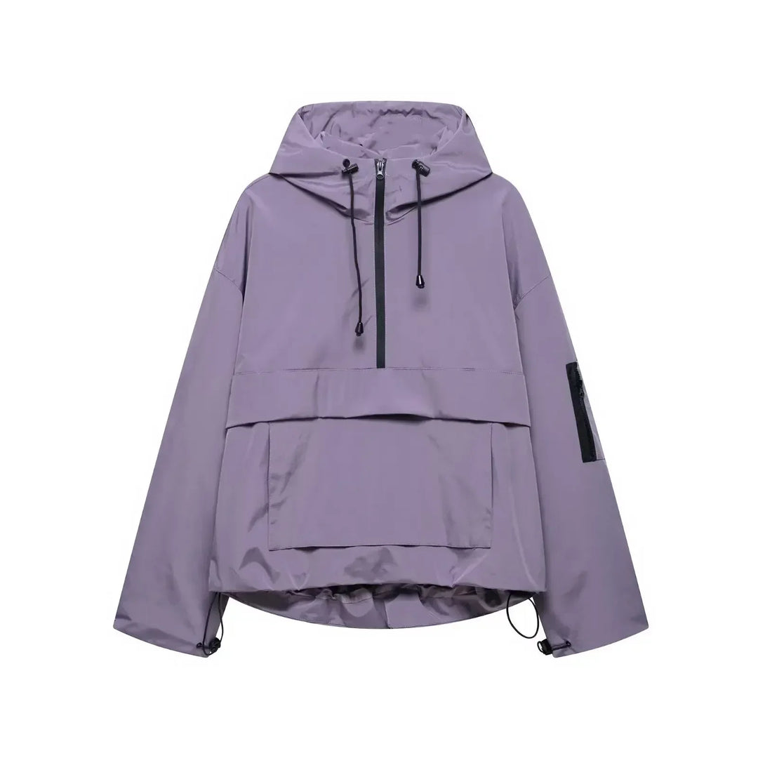 Warm hooded jacket for women, designed for skiing and winter activities, sleek and minimalist style