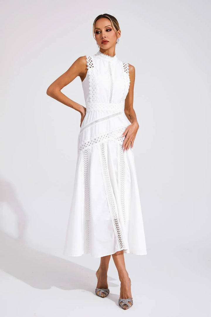 Elegant sleeveless mock neck lace midi dress, ideal for wedding guests, parties, and special occasions.