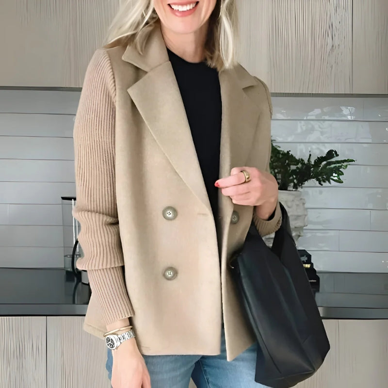 Women's navy knit sweater blazer, stretch knit, casual chic layering piece for smart casual workwear.