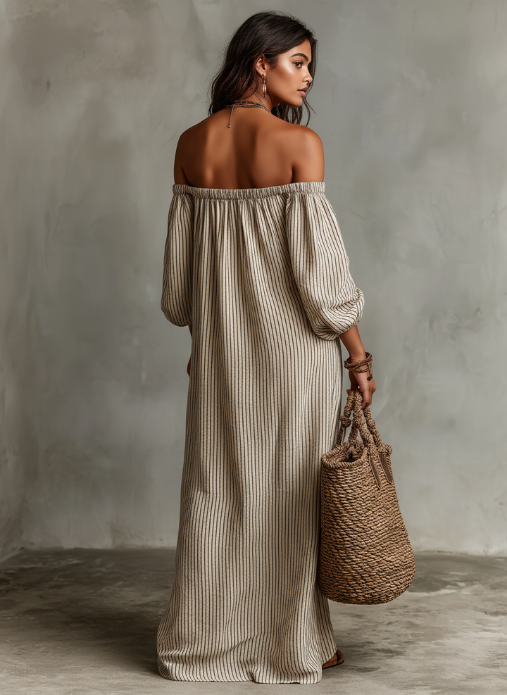 Lightweight women's vacation off-shoulder long sleeve maxi dress, perfect for relaxed summer and spring wear.