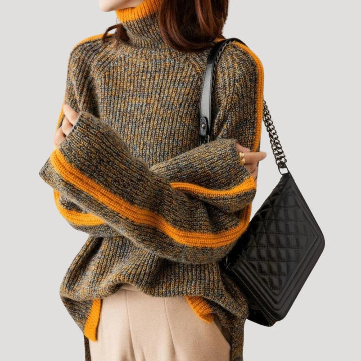 Stylish woman wearing an orange ribbed turtleneck sweater, perfect for casual spring outfits