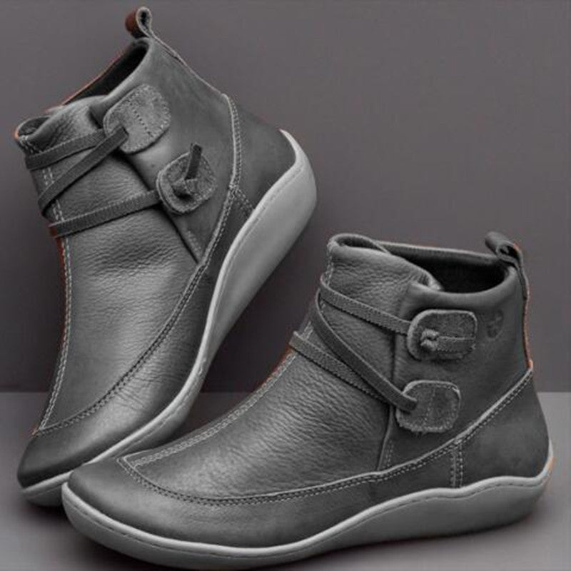 Stylish women's ankle boots with elegant button detail. Orthopedic comfort footwear, easy to wear casual fashion.