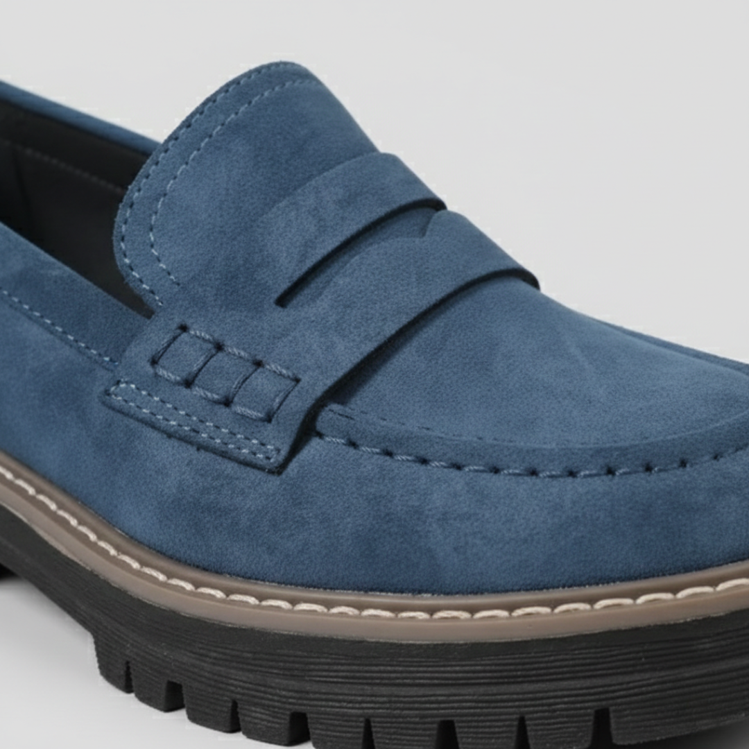 Stylish women's chunky platform penny loafers, offering orthopedic comfort and everyday wear.