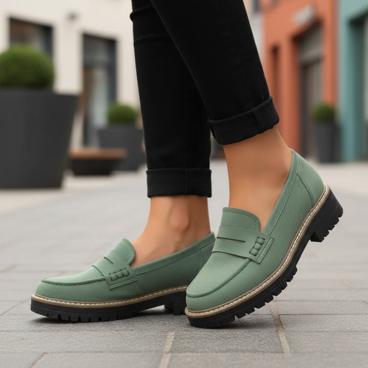 Classic penny loafers for women, featuring a chunky orthopedic sole for maximum comfort and style.