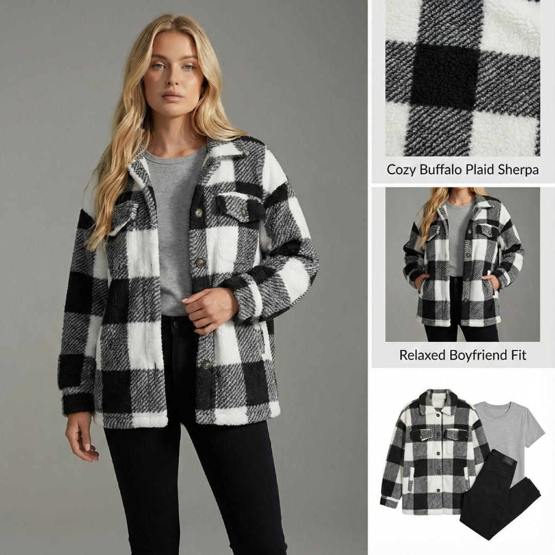 Women's oversized fleece plaid shacket, cozy button-up jacket for fall winter.