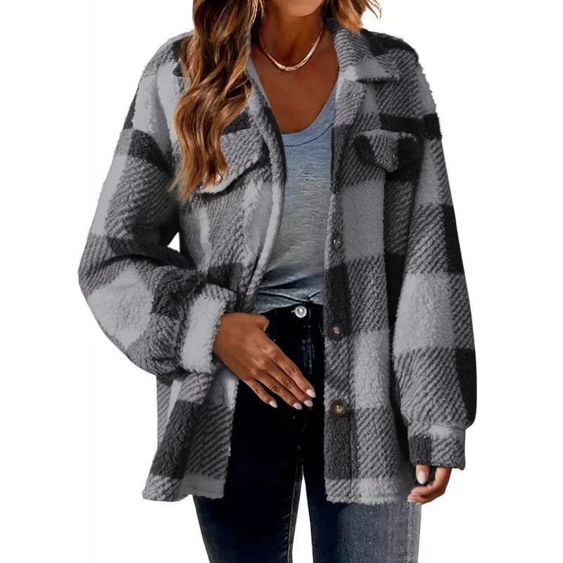 Women's fleece plaid shacket with oversized fit, cozy and warm for fall winter.