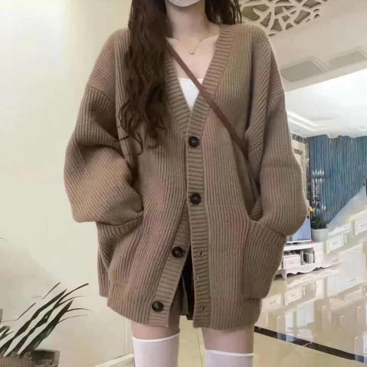 V-neck oversized knit cardigan for women, soft button-front sweater perfect for winter wear