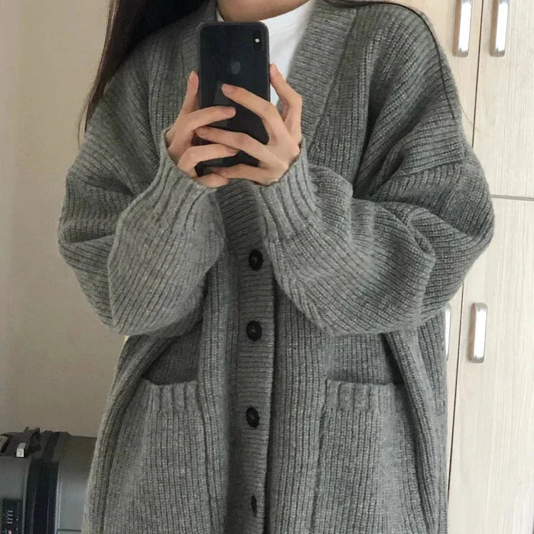 Relaxed fit women's cardigan, oversized knit with button-front closure, essential cozy sweater
