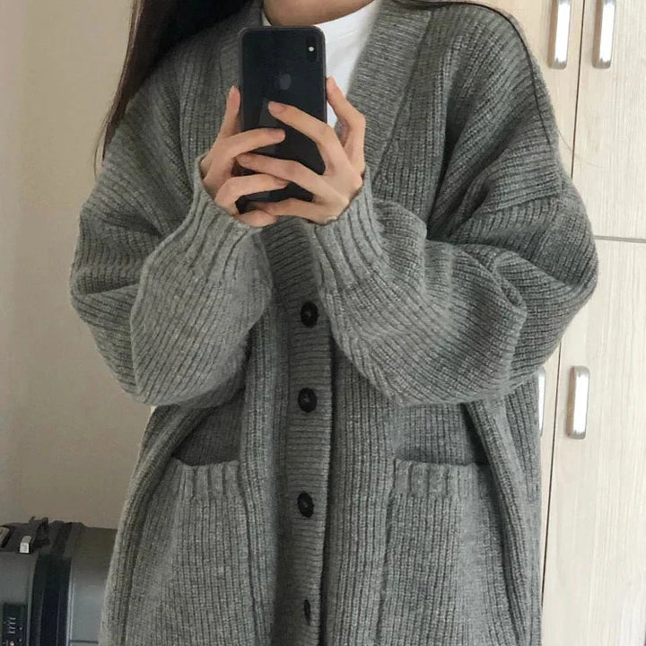Relaxed fit women's cardigan, oversized knit with button-front closure, essential cozy sweater