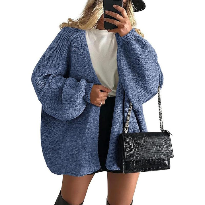 Warm, open-front women's oversized knit cardigan, a must-have in winter and fall knitwear.