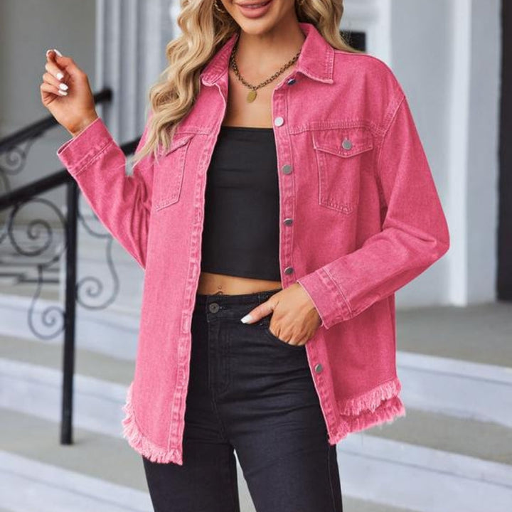 Back view of a multi-color women's oversized denim jacket, showcasing its casual and trendy design.