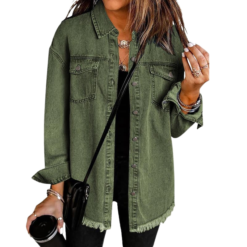 Model wearing a light wash oversized raw hem denim jacket for women, suitable for everyday fashion.