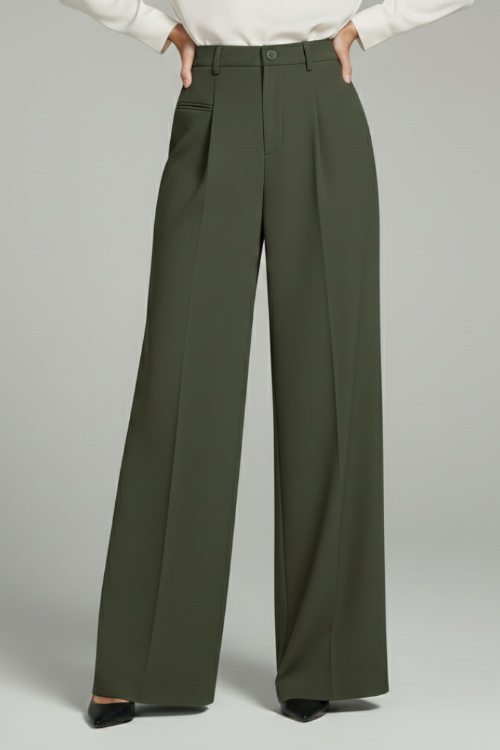 Flowy women's wide leg pleated trousers, complete with fashionable front pleats & back pockets.