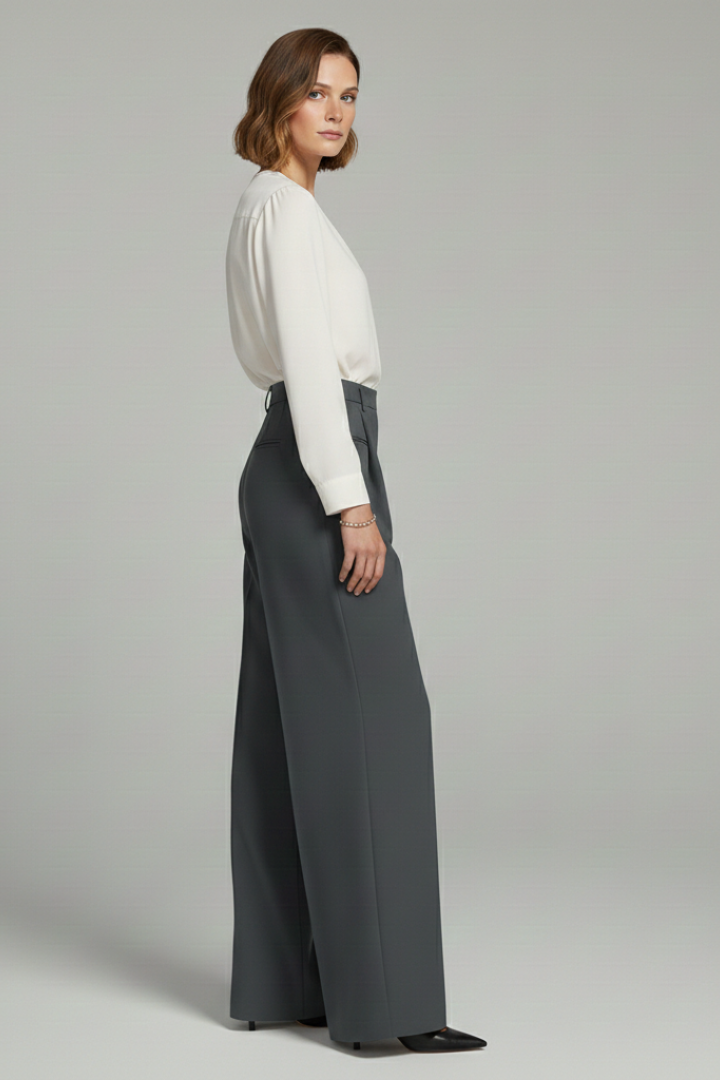 Elegant women's pants: wide-leg palazzo style with crisp front pleats and convenient back pockets.