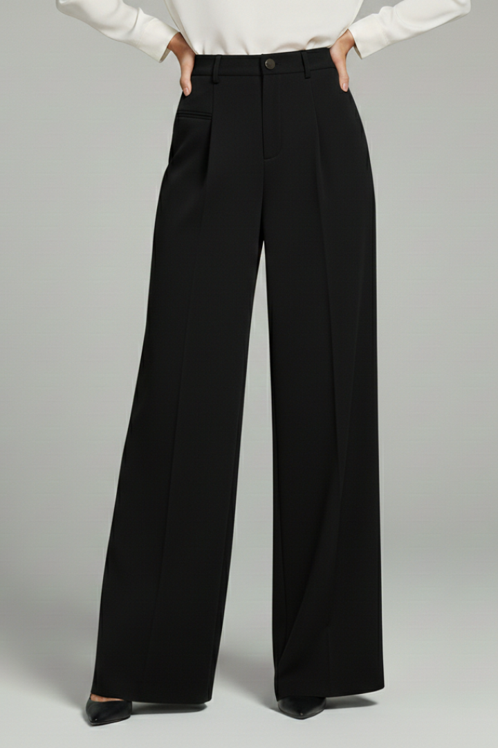 Stylish women's workwear trousers, wide leg with sophisticated front pleats & back pockets.