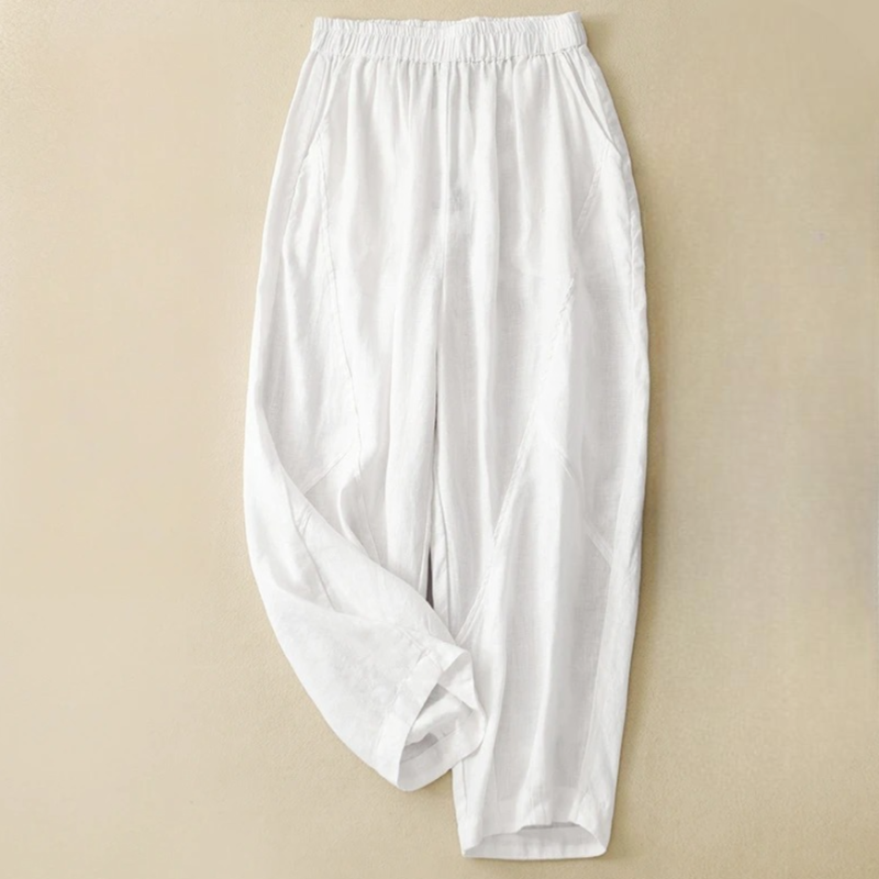 Model wearing Palermo women's linen blend ankle length pants, showcasing the straight leg fit