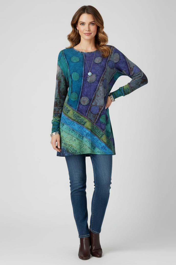 Stylish women's long sleeve patchwork tunic, perfect relaxed fit for autumn & spring casual fashion.