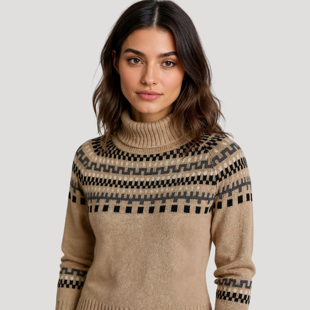 Casual brown and beige patterned turtleneck pullover sweater for women, comfortable knit design.