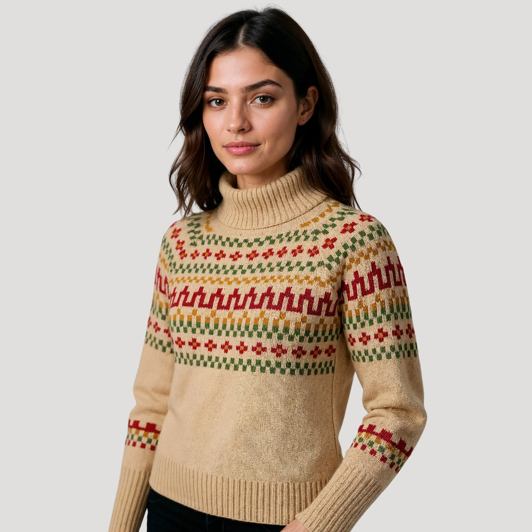 Women's spring sweater: patterned knit turtleneck pullover, blending casual and elegant styles.