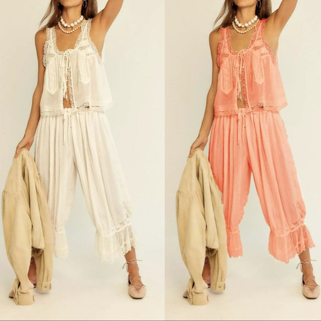 Stylish brown cotton two-piece women's outfit with lace trim, perfect for a relaxed summer day.