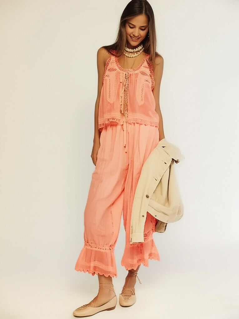 Brown cotton two-piece women's set, wide-leg pants and lace-trimmed top, excellent for summer.
