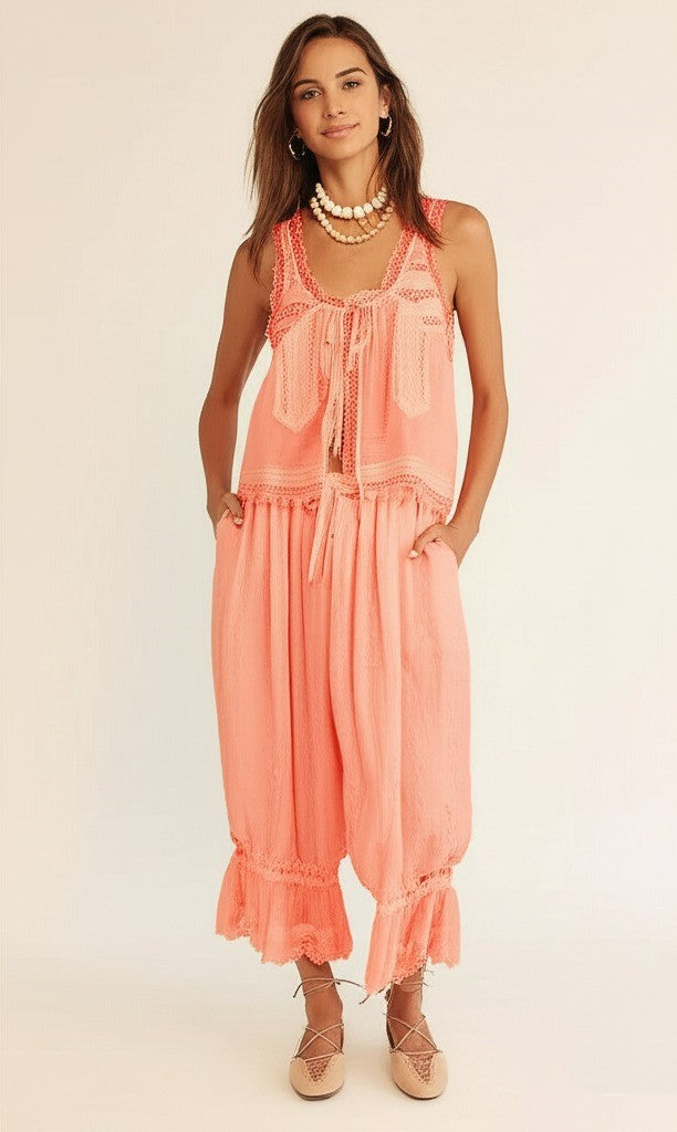 White cotton two-piece set, women's, lace-trimmed for elegant casual or beachwear style.