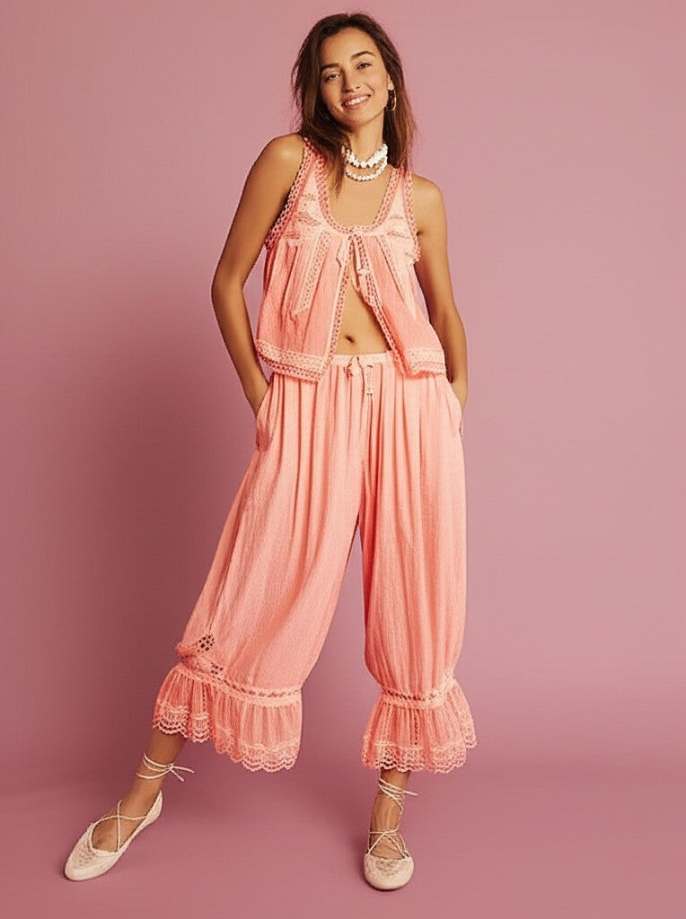 Peach cotton two-piece set for women, featuring a comfortable wide-leg and charming lace accents.