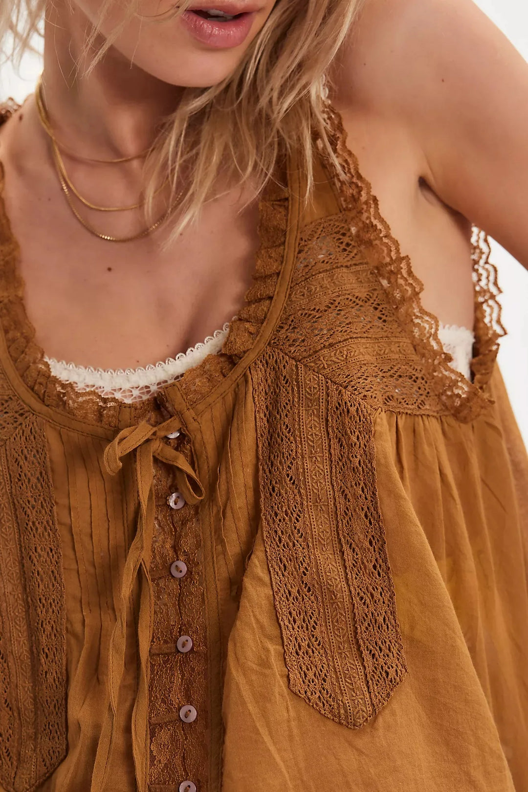 Brown women's cotton two-piece set featuring delicate lace trim and comfy wide-leg pants.