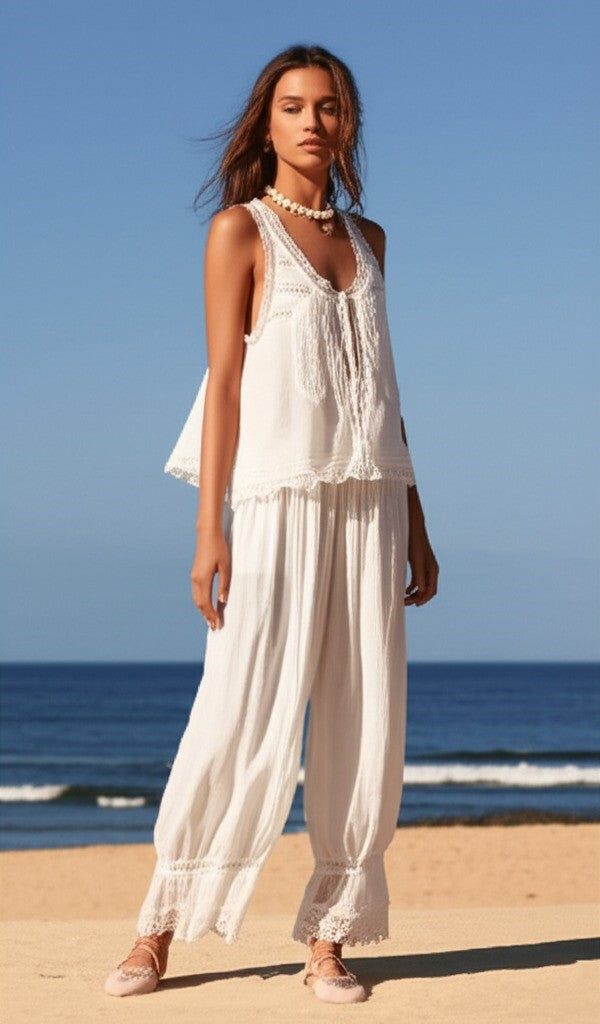 Brown casual cotton two-piece set for women, featuring elegant lace trim and wide-leg design.