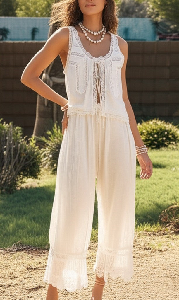 White cotton two-piece set, women's, with sophisticated lace trim, perfect addition to summer wardrobe.